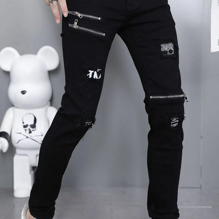 2024 Spring and Autumn Fashion Trend Black Straight Leg Ripped Jeans Men's Casual Comfort Breathable High-Quality Denim Pants PlatiNum