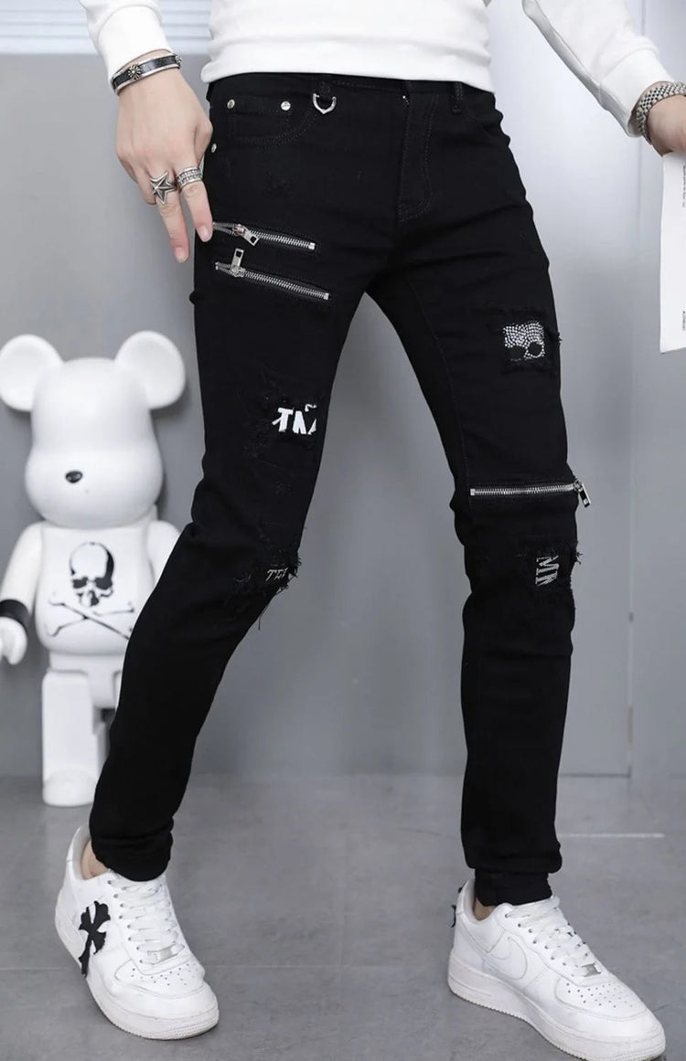 2024 Spring and Autumn Fashion Trend Black Straight Leg Ripped Jeans Men's Casual Comfort Breathable High-Quality Denim Pants PlatiNum