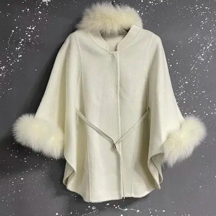 UCXQ Korean Style Two Sided Cloak Overcoat For Women Fur Collars Belt Loose Long Coats 2025 Winter New 23Z2284