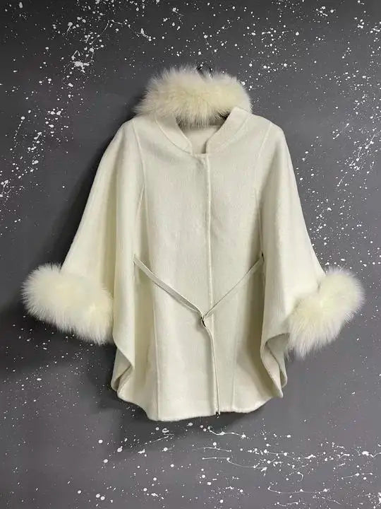 UCXQ Korean Style Two Sided Cloak Overcoat For Women Fur Collars Belt Loose Long Coats 2025 Winter New 23Z2284
