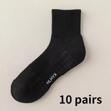 10 paires de chaussettes HLHYX pour homme en coton déodorant, à fond en éponge, mi-mollet, blanches, épaissies, pour le sport et le basket-ball