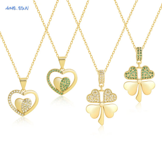 MHS.SUN Collana con ciondolo a doppio cuore alla moda per donne e ragazze Gioielli con catena a clavicola colver a quattro foglie placcati in oro di alta qualità