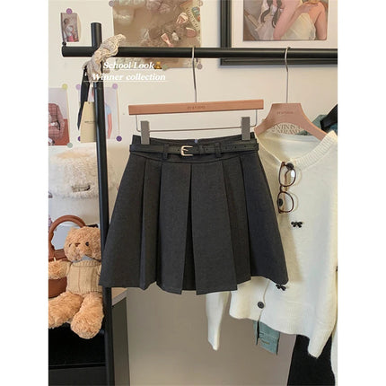 MEXZT Streetwear Woolen Mini Skirt Women Fashion Harajuku with Belt Black Pleated Skirts Fall Winter Preppy Korean A Line Faldas PlatiNum