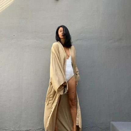 Solid Beach Cover Up Women Self Belted Wrap Kimono Dress Costume da bagno 2025 New Robe Summer Beachwear Fornitura in fabbrica platinumshop