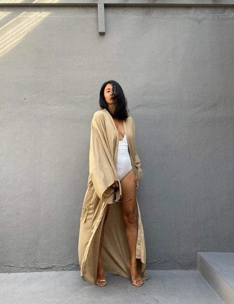 Solid Beach Cover Up Women Self Belted Wrap Kimono Dress Costume da bagno 2025 New Robe Summer Beachwear Fornitura in fabbrica platinumshop