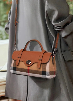 Borsa Mini Boston a Righe e Quadri in Tessuto con Finiture in Ecopelle, Chiusura a Giro e Torsione, Design con Patta, Borsa a Mano da Donna, a Tracolla, Portamonete