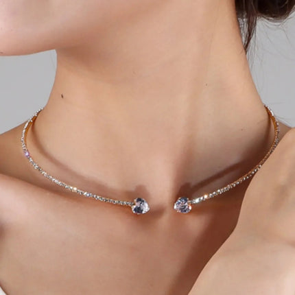 925 Sterling Silver Rhinestone Heart Collar Choker Necklace for Women Simple Open Collar Necklace Torques Jewelry Accessories PlatiNum