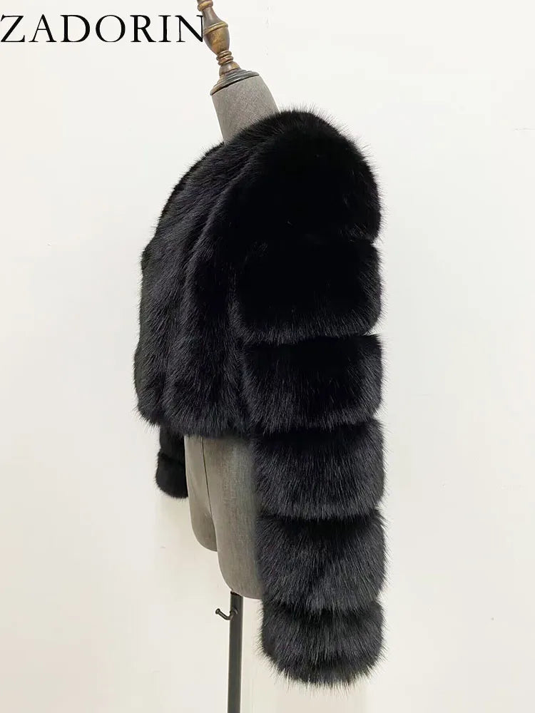 ZADORIN Luxury Cropped White Faux Fox Fur Coat Woman Clothing V Neck Long Sleeve Winter Fluffy Faux Fur Jacket Fur Coats Woman