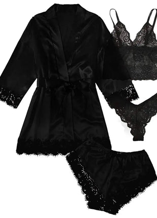 Pigiama da donna lussuoso con scollo a V in 4 pezzi camicia da notte sexy pizzo in raso halter accappatoio in raso di seta camicia da notte per la casa pigiama sexy per la casa platinumshop