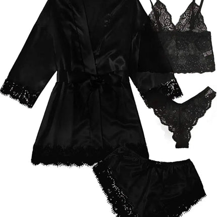 Pigiama da donna lussuoso con scollo a V in 4 pezzi camicia da notte sexy pizzo in raso halter accappatoio in raso di seta camicia da notte per la casa pigiama sexy per la casa platinumshop