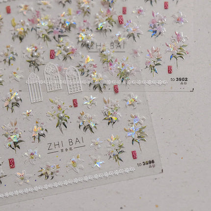 5D Kawaii Lily Nail Art Stickers 1pcs Japanese Pink White Flower With Diamond Self Adhesive Nail Decorations Slider Decals DIY