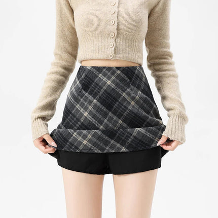 Autumn Winter Woolen Plaid Mini Skirt for Women College Casual All Match Short Skirts Woman Thicken Warm High Waist A-Line Skirt PlatiNum