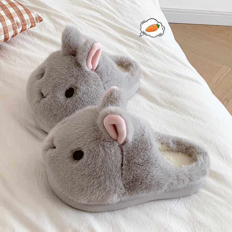 Cute Brown Bunny Plush Slippers Women Winter Warm Rebound Soft Sole House Shoes Indoor Fuzzy Non-Slip Comfortable Home Footwear