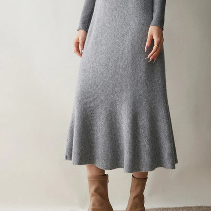 Autumn Winter Women New 100% Cashmere Fishtail Skirt  Mid Length Slimming High Waisted Knitted Umbrella Skirt Elegant Dress PlatiNum