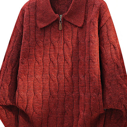 Men's  Knit Sweater Pullover Solid Color Long Sleeve Lapel zipper-Up Fall Winter Loose Warm Casual top