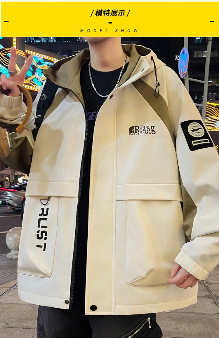 Men's Hooded Casual Jackets 2026 Spring Autumn Streetwear Windbreaker Loose Cargo Outdoor Coats Youth Daily Wear Tops Clothing