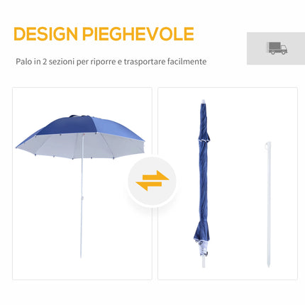 Outsunny Beach Umbrella Ø2.1x2.2 m with Side Flap, Carry Bag and Stakes, Garden Umbrella with 8 Ribs and 2-Section Metal and Polyester Design, UV50+, Blue