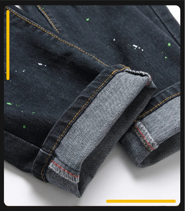 Fashion New Slim Stretch Ripped Jeans Men's Streetwear Paint Spots Denim Pants Hip Hop Punk Personality Hole Male Trousers PlatiNum
