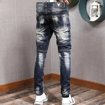 Fashion Streetwear Men Jeans Retro Black Blue Elastic Slim Fit Ripped Jeans Men Spliced Designer Embroidery Hip Hop Denim Pants PlatiNum