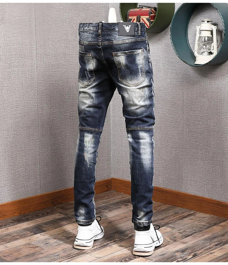 Fashion Streetwear Men Jeans Retro Black Blue Elastic Slim Fit Ripped Jeans Men Spliced Designer Embroidery Hip Hop Denim Pants PlatiNum