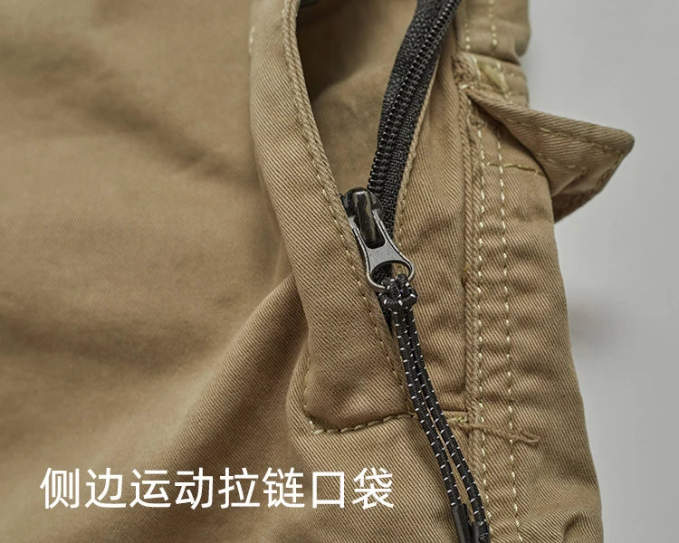 Autumn New American Retro Woven Cargo Pants Men's 97.5% Cotton Washed Elastic Waist Drawstring Loose Casual Anke-tied Trousers