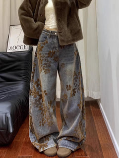 Jeans a gamba larga da donna con ricamo floreale retrò americano, nuovi per la primavera, vestibilità ampia e snellente, pantaloni a tubo dritto, stile per coppie, lunghezza al pavimento