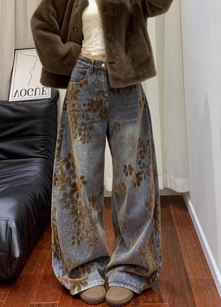 Jeans a gamba larga da donna con ricamo floreale retrò americano, nuovi per la primavera, vestibilità ampia e snellente, pantaloni a tubo dritto, stile per coppie, lunghezza al pavimento