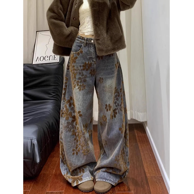 Jeans a gamba larga da donna con ricamo floreale retrò americano, nuovi per la primavera, vestibilità ampia e snellente, pantaloni a tubo dritto, stile per coppie, lunghezza al pavimento
