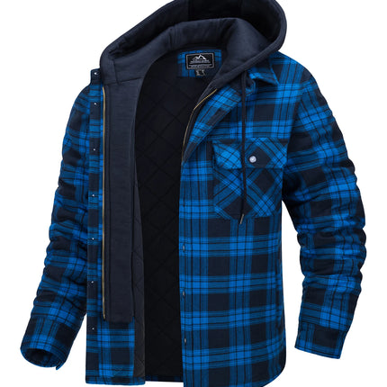 TACVASEN Men's Flannel Shirt Jacket with Removable Hood Plaid Quilted Lined Winter Coats Thick Hoodie Outwear Man Fleece Shirts