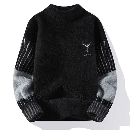 Thickened Winter Semi High Neck Knitted Sweater with Anti Pilling Splicing Men's Casual Long Sleeved Bottom Printed Pullover