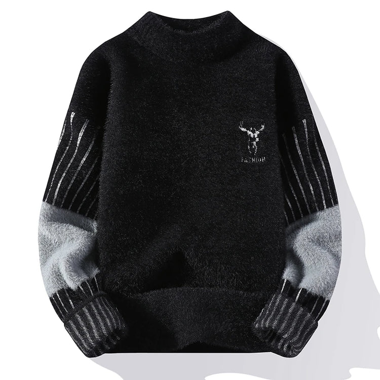 Thickened Winter Semi High Neck Knitted Sweater with Anti Pilling Splicing Men's Casual Long Sleeved Bottom Printed Pullover