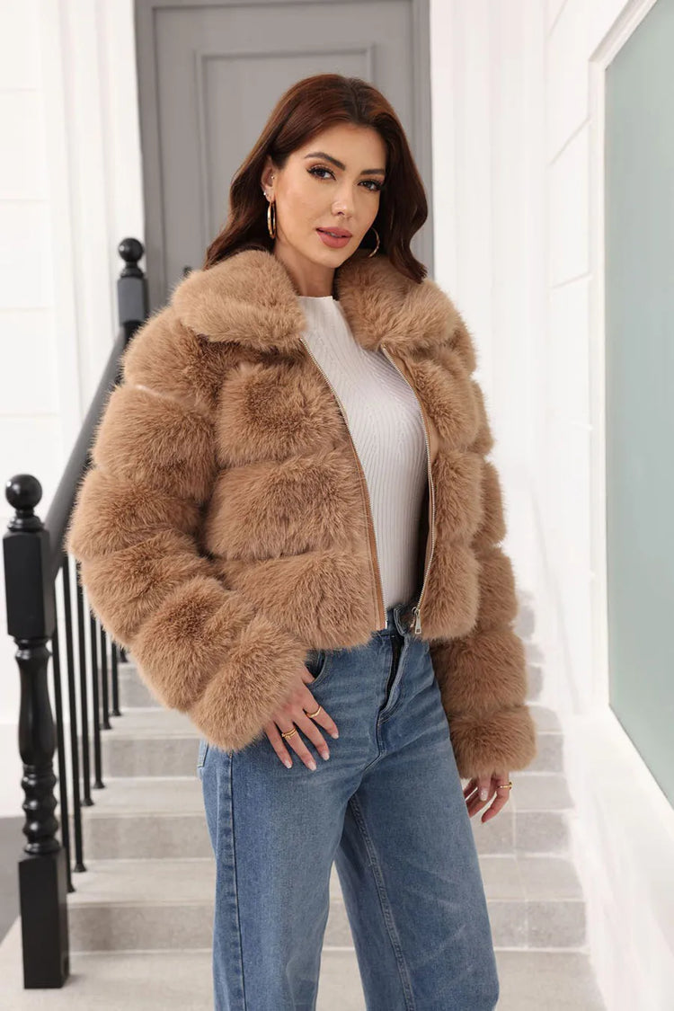 ZADORIN 2025 Chic Winter Fur Coats Woman Spliced Cropped Fluffy Faux Fur Jacket Woman Lapel Zipper Fox Fur Faux Coat Y2K Clothes