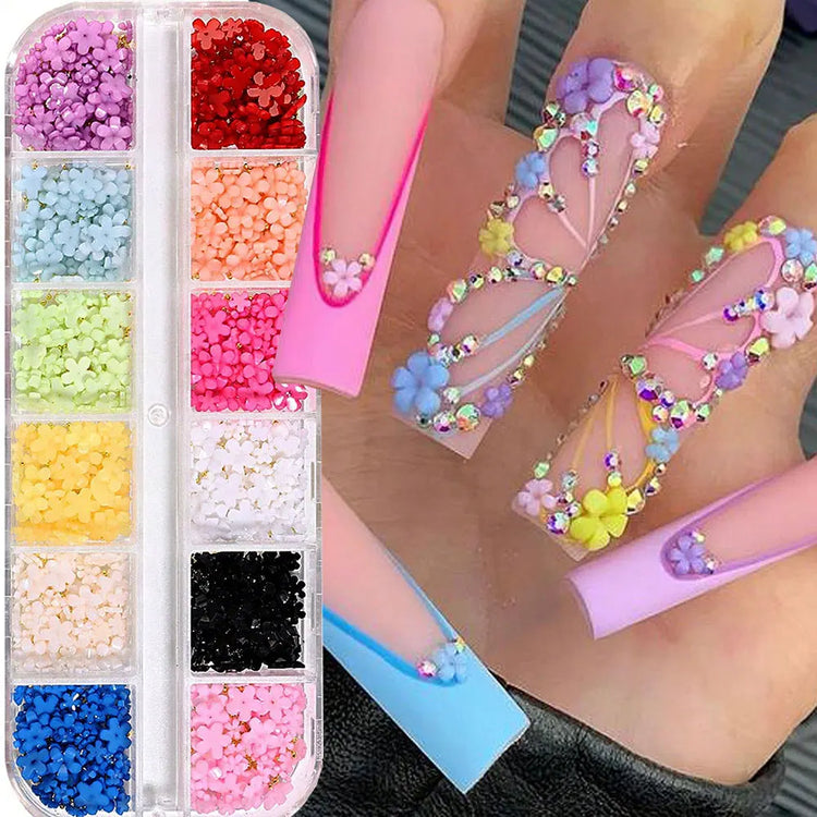 1box 3D Flower Bow Nail Art Decorations Kit Pink/White Acrylic Floral/Peal Beads Nail Charm with Wax Pen/Tweezer 4/6mm Nail Part Nail