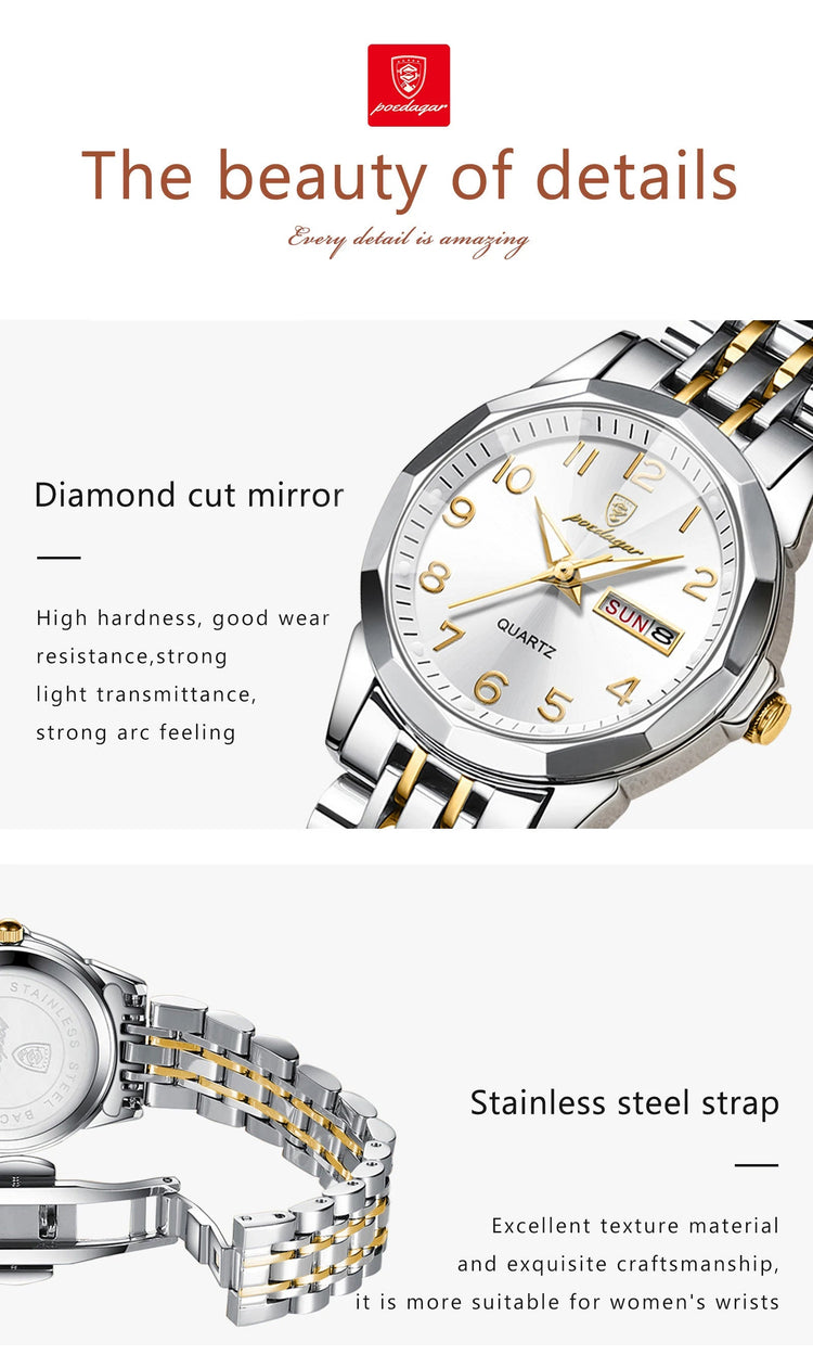 POEDAGAR elegante orologio da polso da donna al quarzo impermeabile luminoso data settimana orologio da donna orologi da donna casual in acciaio inossidabile reloj platinumshop