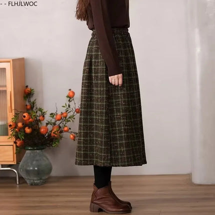Art Mori Girls Woolen Skirts New 2025 Autumn Winter Basics Woman Cute Sweet Japanese Preppy Style Retro Vintage Long Plaid Skirt PlatiNum