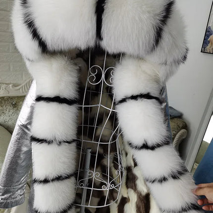 Winter Long Jacket Real Fur Coat Women Clothes Large Silver Fox Fur Collar Detachable Natural Fox Lining Parkas Leather Fur