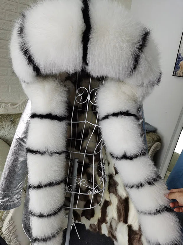 Winter Long Jacket Real Fur Coat Women Clothes Large Silver Fox Fur Collar Detachable Natural Fox Lining Parkas Leather Fur