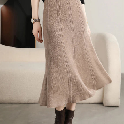 Grace Women's Skirt 100% Merino Wool Skirt Hip Hugging A-Line Wave Skirt Knitted Warm Autumn Winter Dress Slim Office Lady Skirt PlatiNum