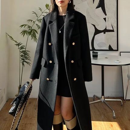 High-end Thick Double-sided Wool Coat Female Fashion Long  Autumn Winter Lapel Double Breasted Wool Coat Women Loose Outerwear