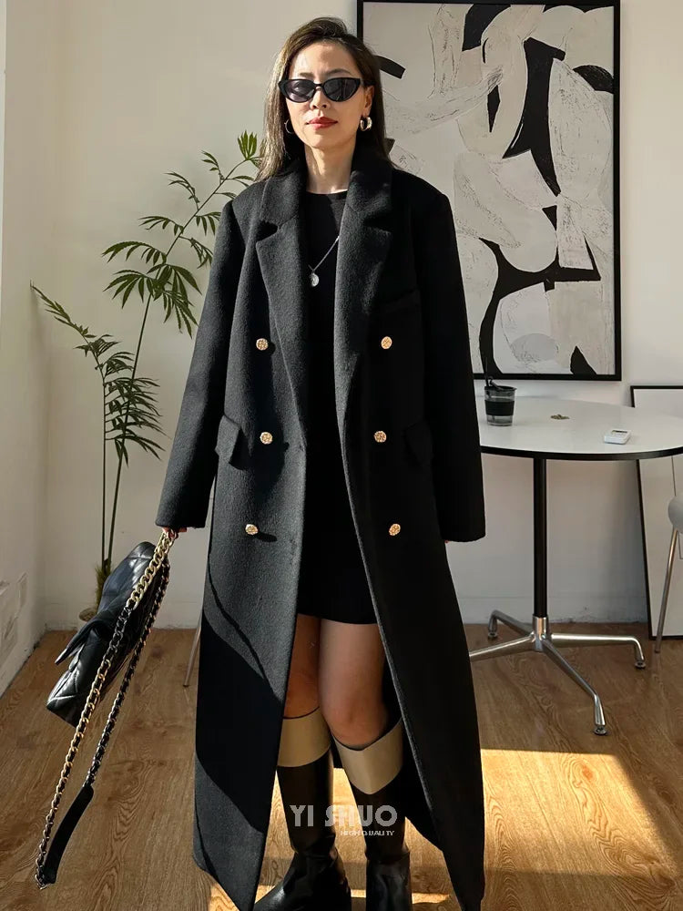 High-end Thick Double-sided Wool Coat Female Fashion Long  Autumn Winter Lapel Double Breasted Wool Coat Women Loose Outerwear