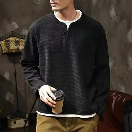 Spring and Autumn New Men Henley neck T Shirt Long Sleeve Casual  Solid color T-Shirt Fashion Waffle Fake two-piece Sweatshirts PlatiNum