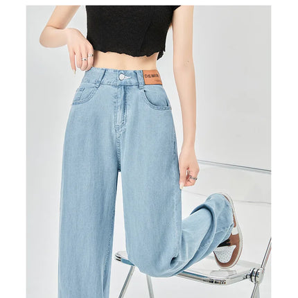 Jeans estivi donna seta ghiaccio vita alta blu sciolto moda coreana semplice tempo libero tutto-fiammifero quotidiano gamba larga elegante Trendy Chic