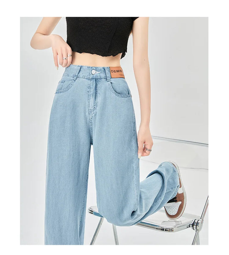 Jeans estivi donna seta ghiaccio vita alta blu sciolto moda coreana semplice tempo libero tutto-fiammifero quotidiano gamba larga elegante Trendy Chic