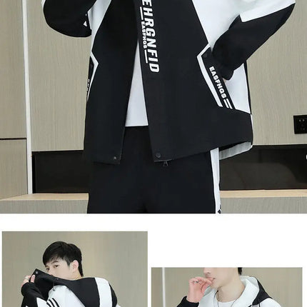 Spring Autumn Men's Hooded Jacket Loose Versatile Trendy Color Block Fashion Outerwear Windproof Thickened Long Sleeve Zipper
