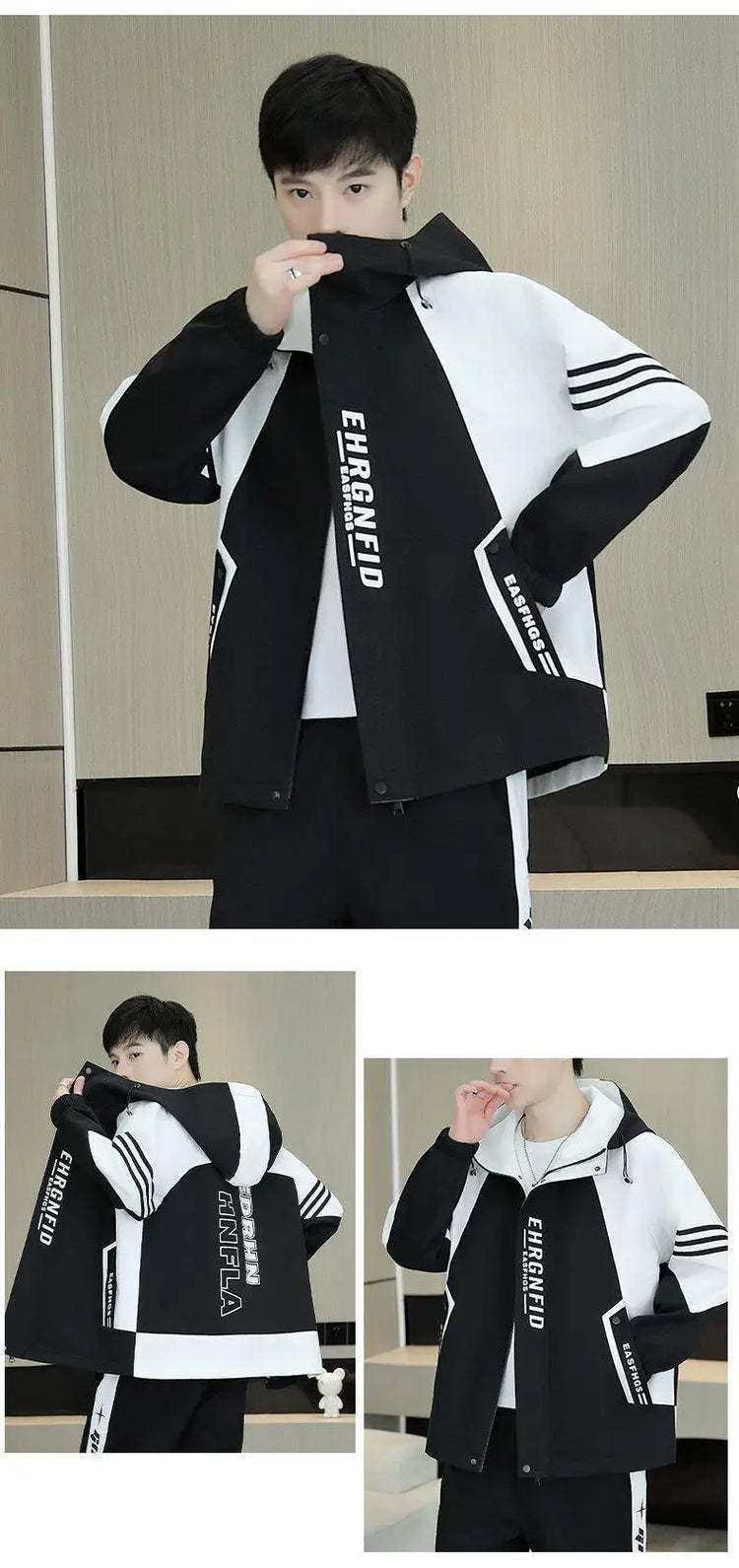 Spring Autumn Men's Hooded Jacket Loose Versatile Trendy Color Block Fashion Outerwear Windproof Thickened Long Sleeve Zipper