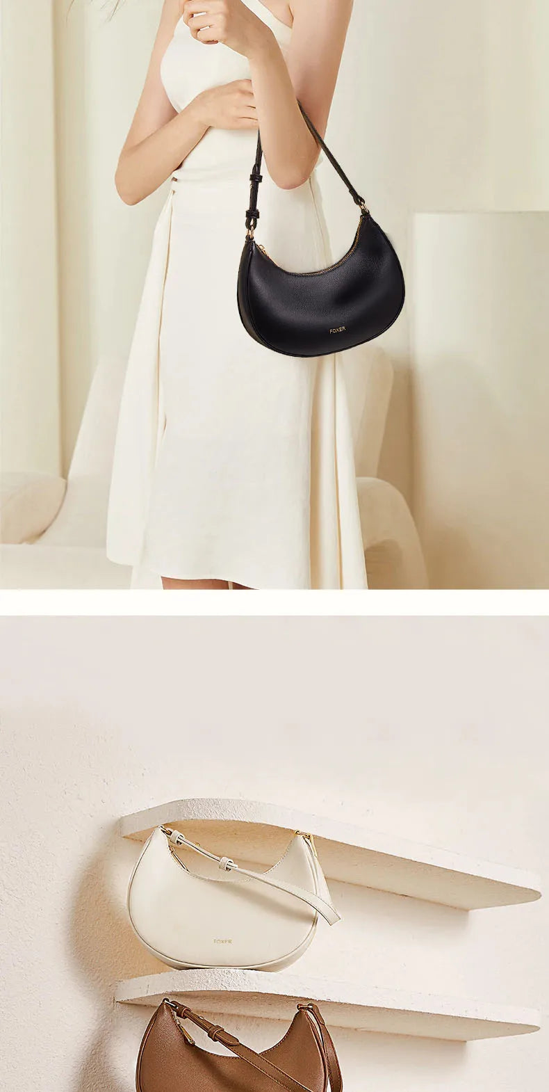 FOXER Brand Women's Shoulder Bag Soft PU Leather Female Handbag Simple Daliy Half-moon Bag Large Capacity Purse New Year Gift