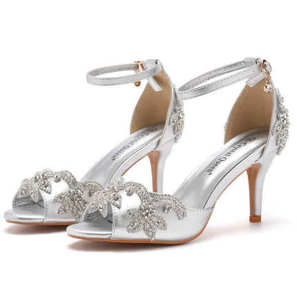 Sandalias de mujer de calidad femenina con diamantes de imitación de PU, tacón delgado de 7 cm, correa de hebilla, zapatos de vestir de estilo coreano para mujer, azul cielo maduro