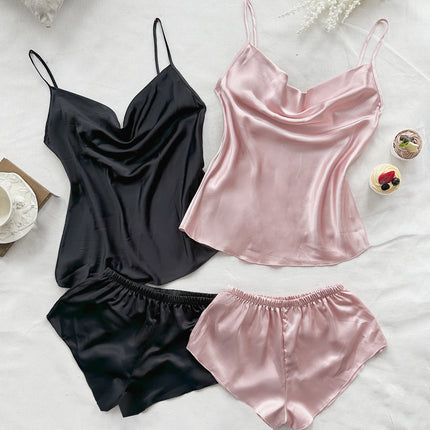 Set pigiama in raso solido Sexy da donna estivo Top e pantaloncini set di quattro pezzi morbido e confortevole