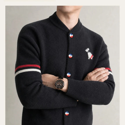 Fashion Men's Knit Cardigan High-End Brand Cartoon Dog Print Design Autumn Winter New Classic Striped Korean Casual Sweater Coat