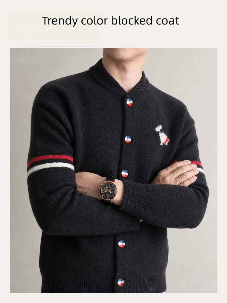 Fashion Men's Knit Cardigan High-End Brand Cartoon Dog Print Design Autumn Winter New Classic Striped Korean Casual Sweater Coat